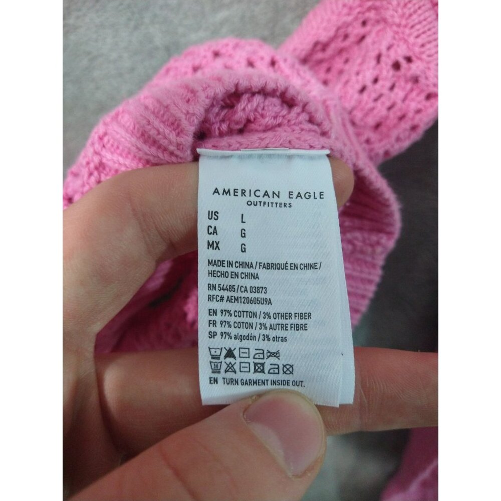 American Eagle Sweater Womens Large Pink Crop Crochet Cotton Long Sleeve Barbie - Picture 6 of 7